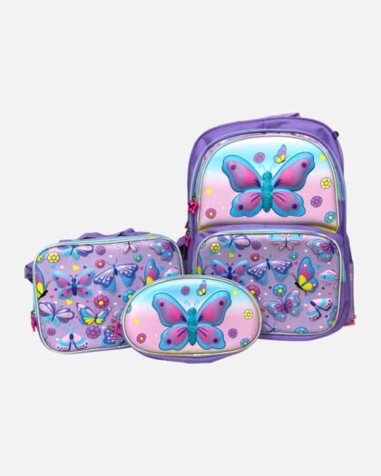 Purple Butterfly-Themed 3-Piece School Bag Set (School Bag, Lunch Bag and Pouch)